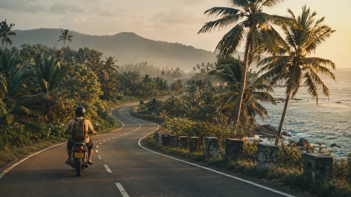Rider on a motorbike along a coastal road in Sri Lanka