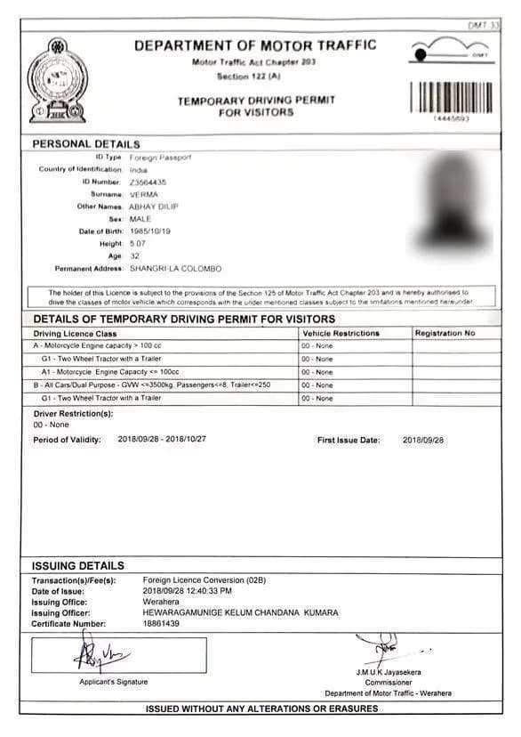 DMT temporary driving permit for visitors issued by the Department of Motor Traffic