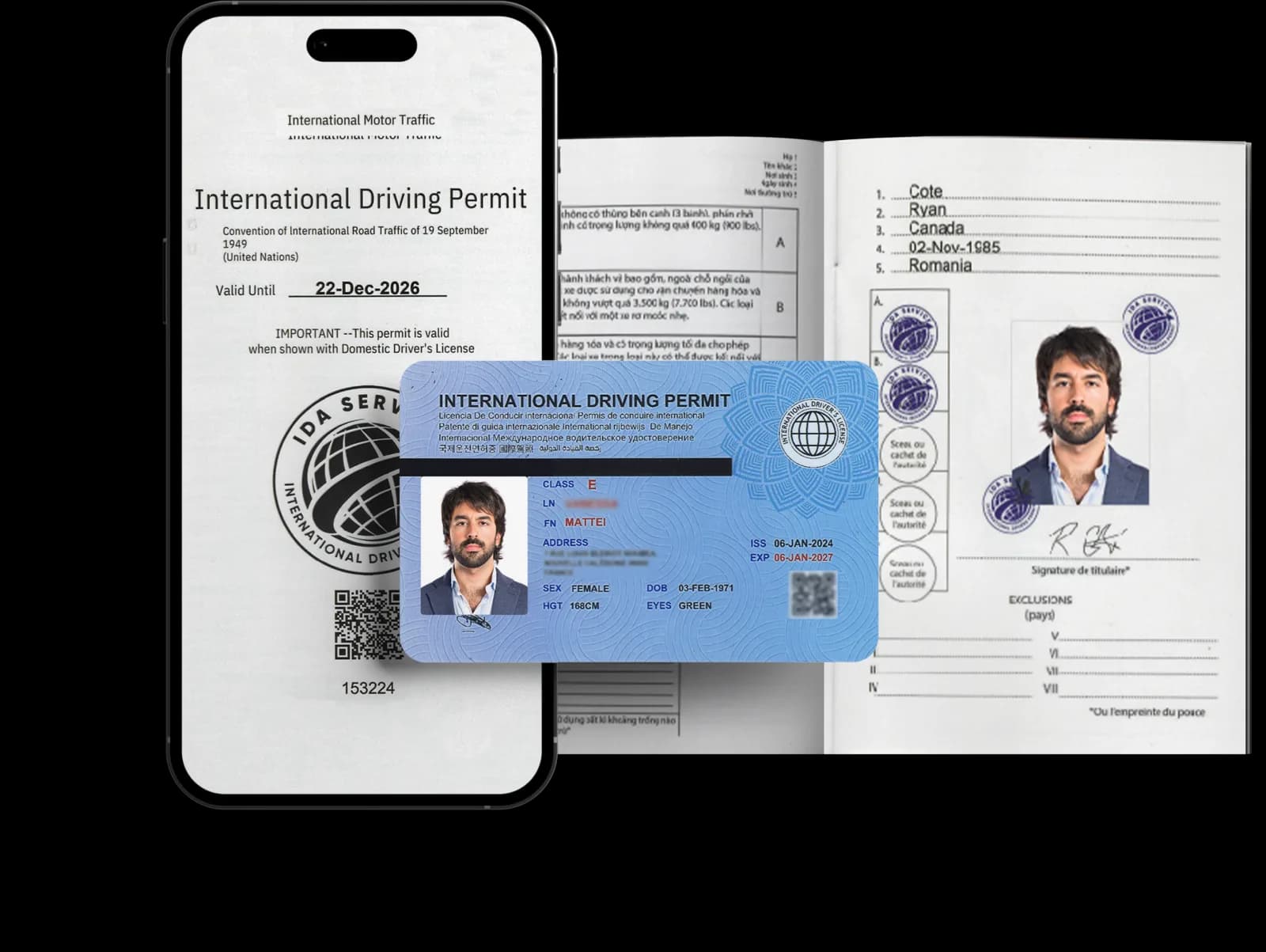International Driving Permit booklet, card, and digital version on a phone
